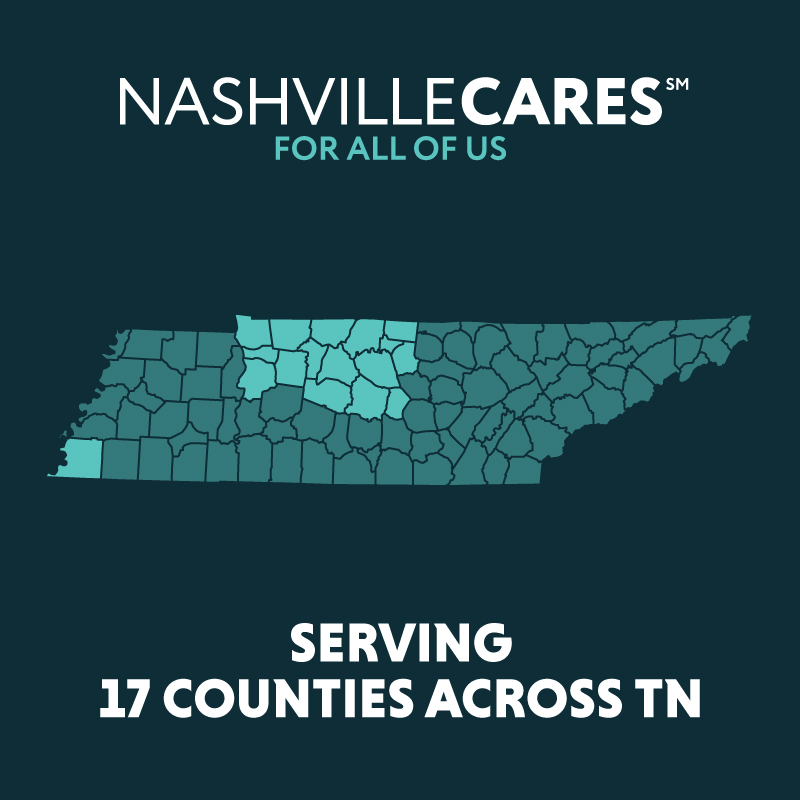 Tennessee map of counties that highlight the ones served by Nashville Cares.